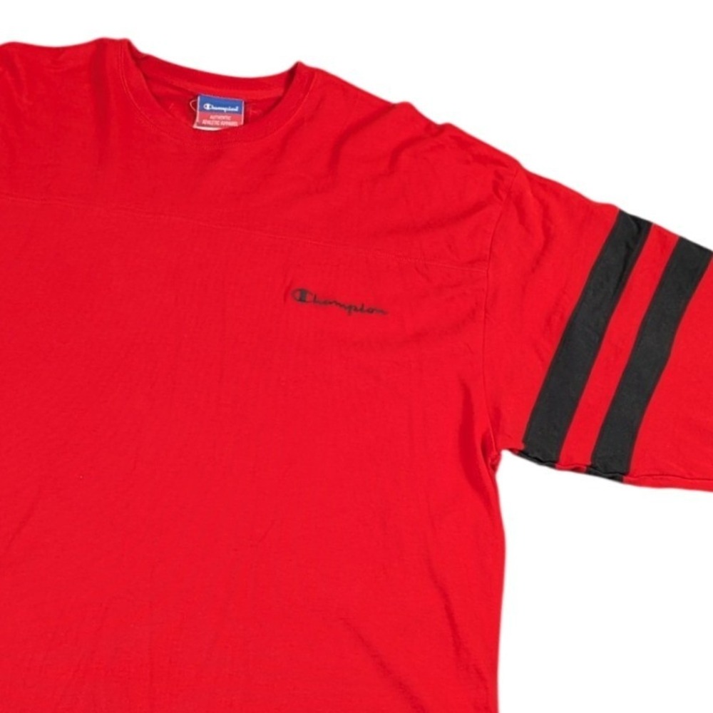 Champion Mens Long Sleeve T-Shirt Red Black Striped Sleeve Logo Large
